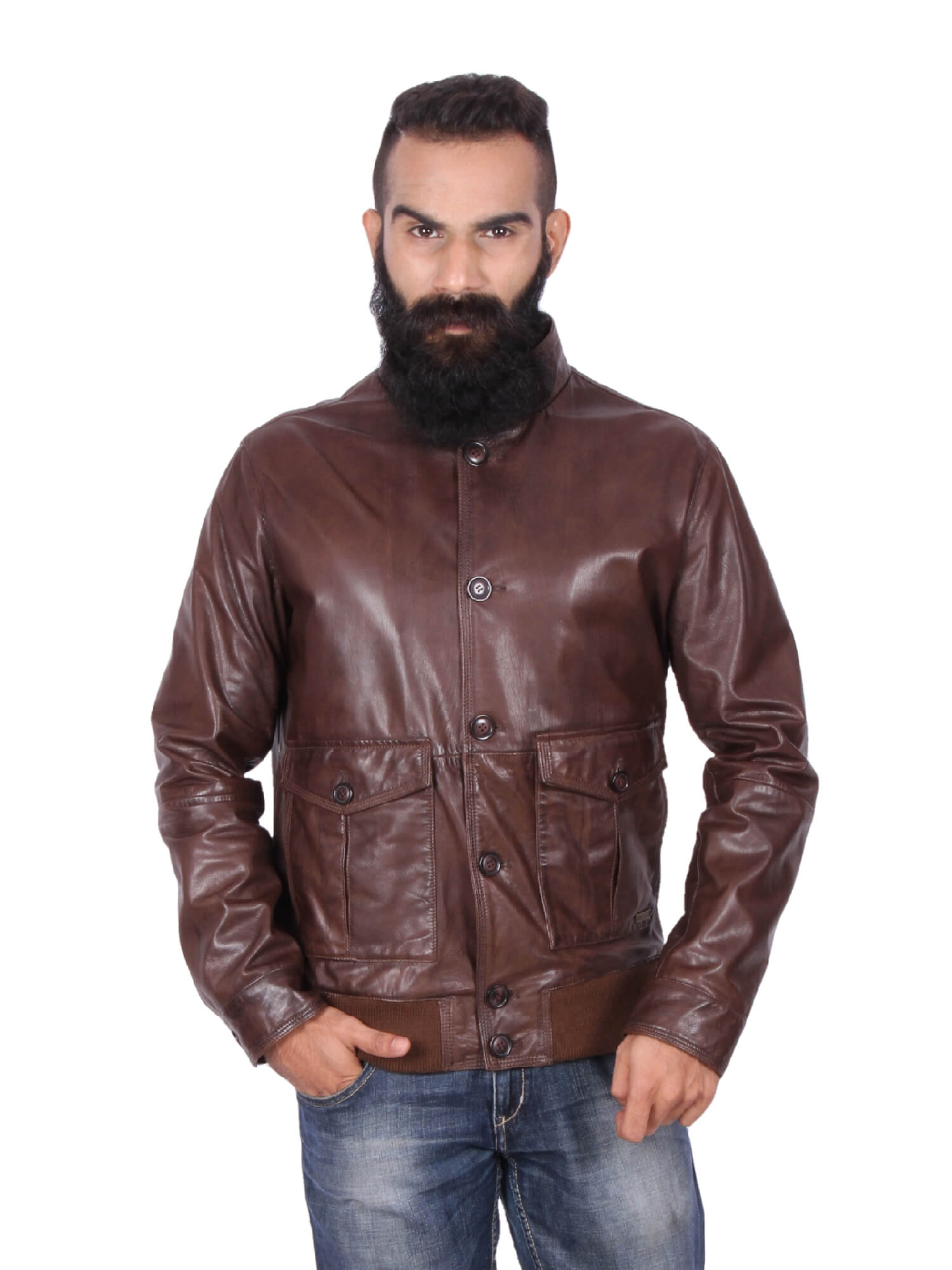 Buy Round Neck Tan Leather Jacket for Men Online in India - Theo&Ash