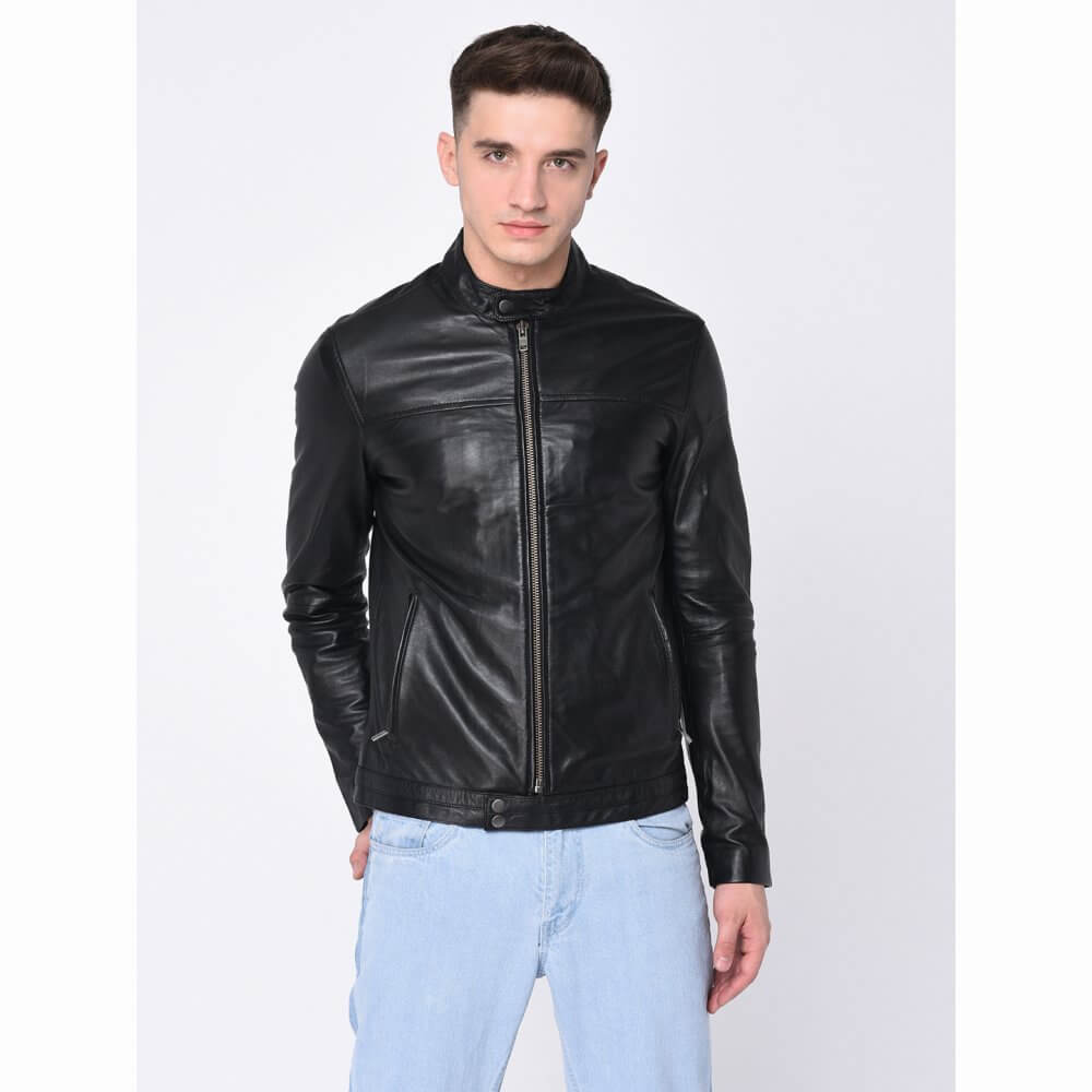 Theo&Ash - Buy Black Round Neck Leather Jacket for Men Online in India ...